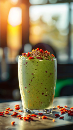 Refreshing green smoothie filled with superfoods enjoyed during golden hour glowの素材