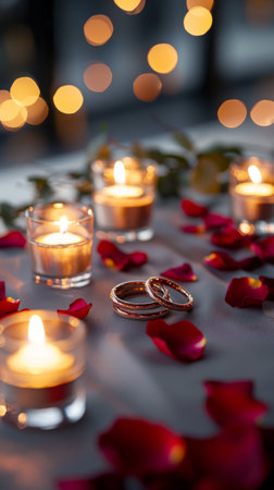 Romantic candlelit arrangement with rose petals and wedding ringsの素材