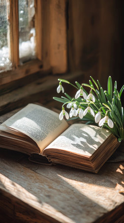 Sunlight filters through a window onto an open book with snowdrops in a cozy settingの素材
