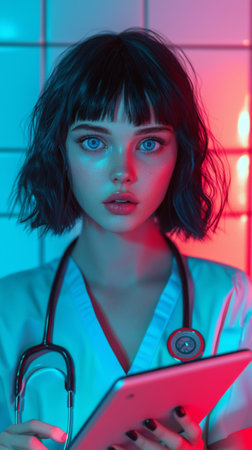 Nurse with short hair using tablet in neon-lit medical environmentの素材