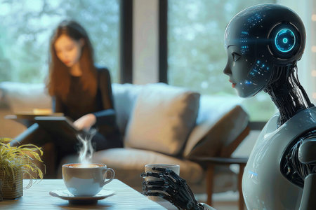 Robotic companion enjoys coffee while human reads in a cozy spaceの素材