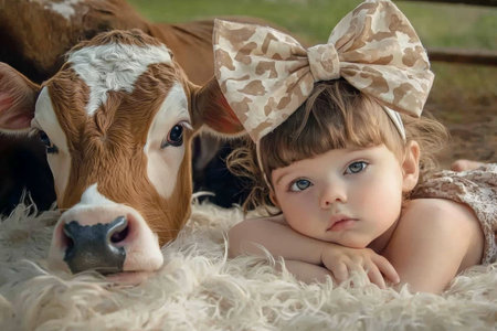 Young girl and cow resting together in peaceful farm setting with soft surroundingsの素材