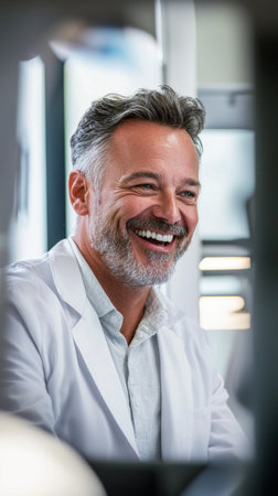 Smiling man in white coat radiates positivity during a sunny day at the laboratoryの素材