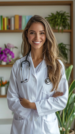 Confident healthcare professional in a bright, inviting environment ready to assist patientsの素材