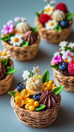 Colorful dessert baskets filled with cream flowers and fruits at a sweet shop displayの素材
