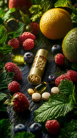 Vibrant assortment of fruits and supplements highlighting health and wellness choicesの素材