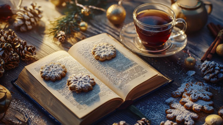 Winter afternoon with cookies on an open book and a warm cup of teaの素材