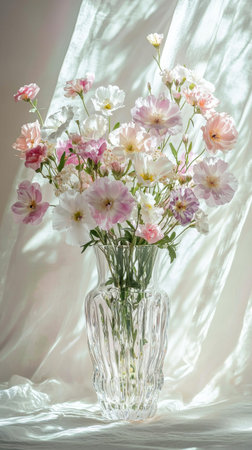 Vibrant bouquet of pastel flowers arranged elegantly in a crystal vase against soft draperyの素材