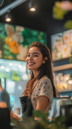 Smiling barista serving customers in a vibrant cafe with floral decorの素材