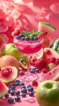 Refreshing fruit cocktail garnished with mint surrounded by a colorful fruit displayの素材