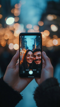 Joyful couple takes selfies amidst festive city lights in winter eveningの素材