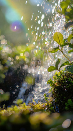 Raindrops creating sparkling effects on green leaves in a lush garden settingの素材
