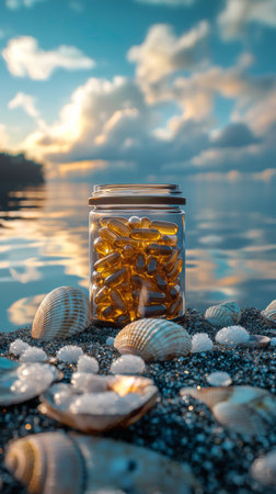 Sunlit jar of golden capsules resting on sandy beach with seashells at duskの素材