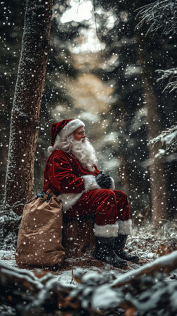 Santa enjoying the serene winter forest with falling snow and a gift-filled sackの素材