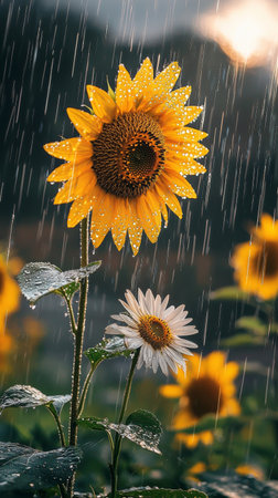 Bright sunflowers and delicate daisies basking in gentle rain under a moody skyの素材