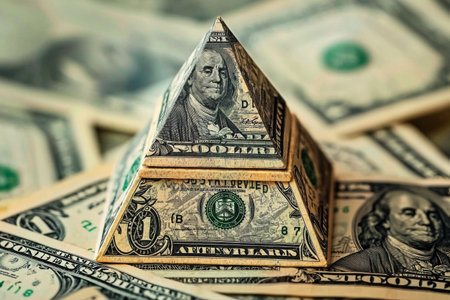 Pyramid made of one hundred dollar bills surrounded by more cash on a tabletopの素材