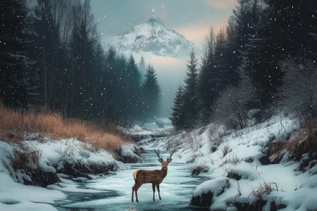 Majestic deer stands in a snowy river landscape surrounded by tall trees and mountainsの素材