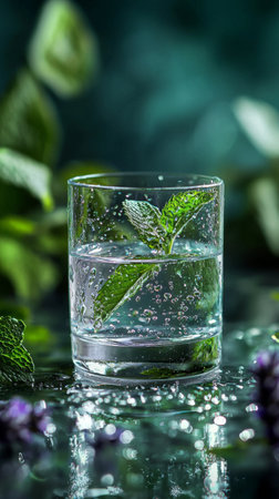 Refreshing mint-infused drink sparkling with bubbles in a serene settingの素材