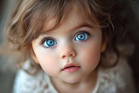 Enchanting, wide-eyed child gazes curiously, capturing innocence and wonder in a soft settingの素材