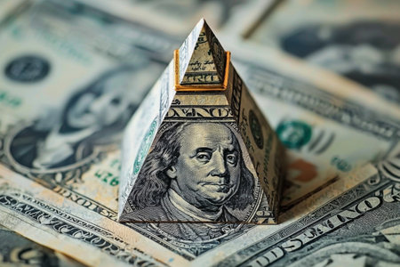Creative origami pyramid built from dollar bills showcasing financial ingenuity and artistryの素材