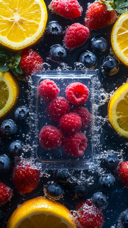 Fresh fruits splash in a vibrant display of color and texture in a culinary delightの素材