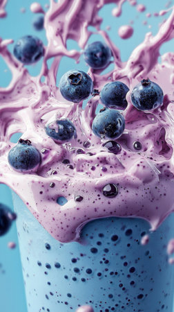 Bubbles and splashes of blueberry smoothie bursting with flavor in vibrant colorsの素材