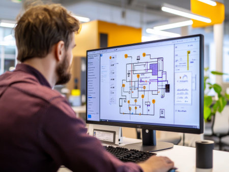 Focused on the computer screen, a professional analyzes a digital floor plan while collaborating in a bright, contemporary office space filled with plants and creative energy.の素材