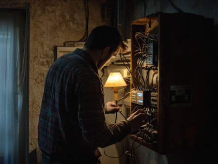 A skilled electrician carefully examines a circuit panel, surrounded by a tangle of wires. Soft light from a lamp casts a warm glow, creating an intimate atmosphere in the room.の素材