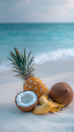 A vibrant arrangement of fresh tropical fruits including a pineapple, coconut, and bananas rests on soft sand, with gentle waves lapping against the shore under a cloudy sky.の素材