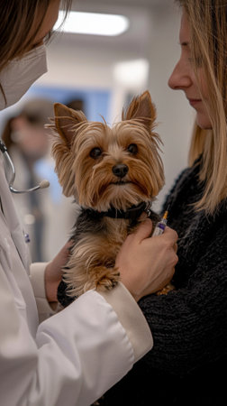 A small Yorkshire Terrier is held gently by its owner while a veterinarian checks its health. The environment appears calm and professional, emphasizing care and compassion for pets.の素材