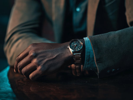 A well-dressed man sits pensively at a wooden table, his wrist adorned with a stylish watch. The ambiance is intimate with soft lighting that highlights the details of his outfit and watch.の素材