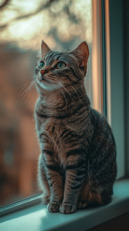 A striped tabby cat sits gracefully on a windowsill, gazing thoughtfully outside. Soft afternoon sunlight filters through, highlighting its enchanting eyes and cozy fur.の素材