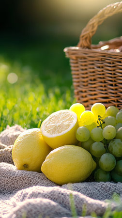 Slices of lemon rest beside fresh green grapes on a cozy blanket laid on vibrant grass, bathed in the gentle glow of sunlight, creating a refreshing, natural ambiance perfect for summer.の素材