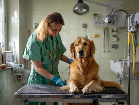 A skilled groomer carefully tends to a golden retriever in a well-lit veterinary clinic. The dog appears relaxed and content during the grooming process, showcasing a trusting bond.の素材