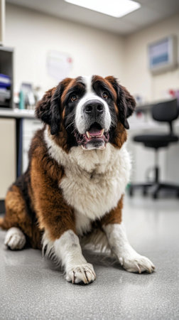 A cheerful St Bernard sits calmly on the floor of a veterinary clinic. The spacious room features medical equipment, reflecting a caring environment. The dog appears healthy and well-loved.の素材