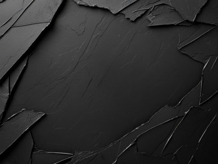 Rich in depth and contrast, jagged black layers intertwine to create a striking abstract composition. Shadows dance across the textured surface, inviting exploration of its unique patterns.の素材