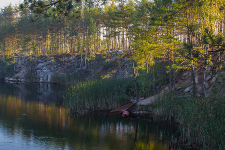 Trees on the shore of a beautiful quarry with clear water. Tall stone. Ukraine.の写真素材