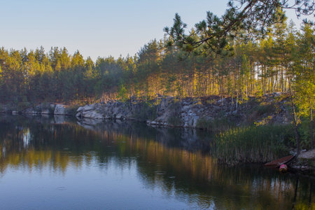 Trees on the shore of a beautiful quarry with clear water. Tall stone. Ukraine.の写真素材