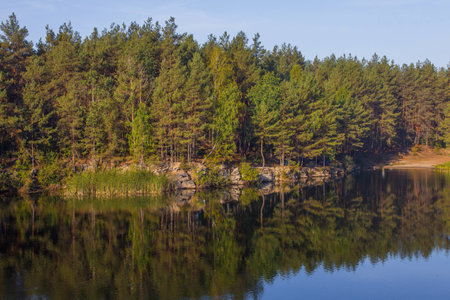 Trees on the shore of a beautiful quarry with clear water. Tall stone. Ukraine.の写真素材