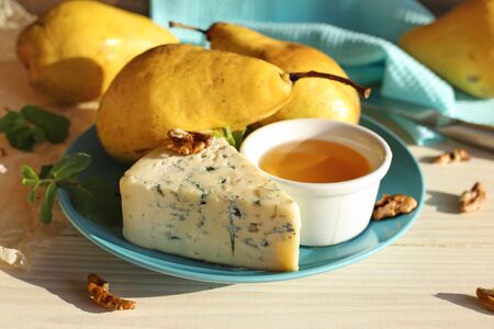 Ingredients for a dessert of pears, dor blue cheese, walnuts and honey. Vegan Pear Dessertの写真素材