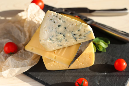 Hard cheese and dorblu cheese on a light wooden surface. Tasty healthy vegan cheeses on the table...