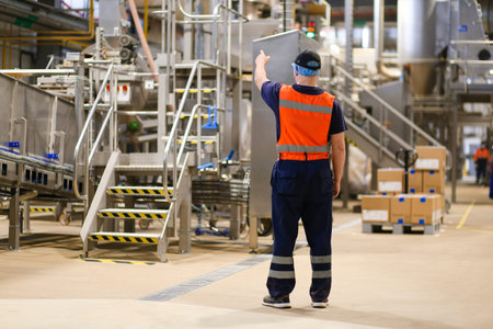 Factory interior. Juice and chips production. Factory equipment, product manufacturing process.
