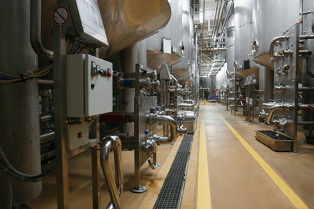 Factory interior. Juice and chips production. Factory equipment, product manufacturing process.の写真素材