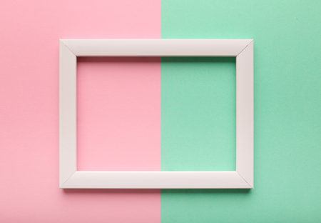 Abstract paper minimal background with white frame. Minimal composition with empty picture frame.の写真素材