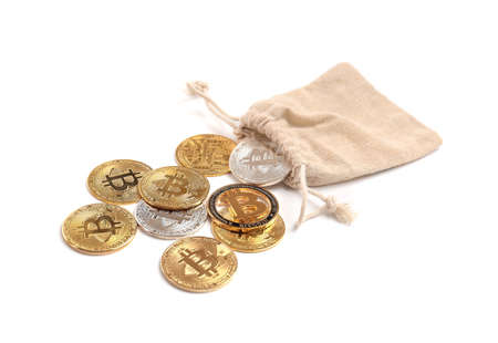 Bag with bitcoins isolated on a white background. Growing upward. Concept of cryptocurrency payment and digital money using. Crypto money coins, cryptocurrency, savings, online earnings concept.の写真素材