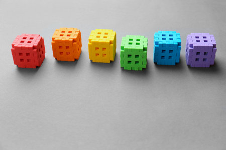 Blocks from the constructor with a place for text. Colors of rainbow. Choice concept, variety. Blocks in a row.の写真素材