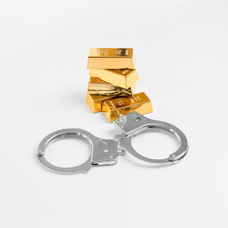 Handcuffs and gold bars on a white background. Crime and Punishment. Theft of gold is punishable. Honest business.の写真素材