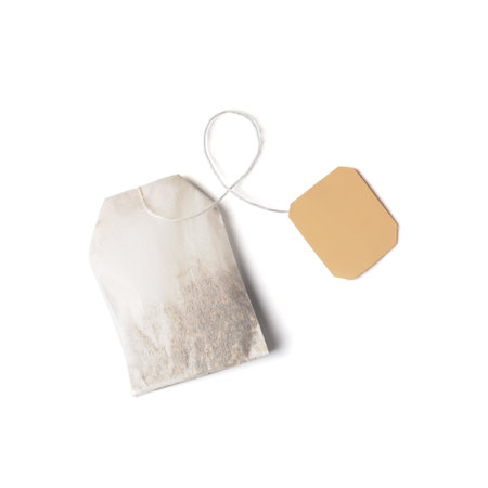 Rectangular tea bag with label isolated on white background top view.の写真素材