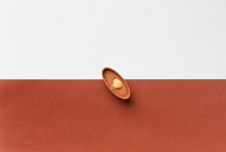 Chocolate candy with on white brown background top view with space for text. Candy with praline and hazelnuts on a contrasting bright background.の写真素材