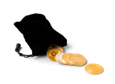 Bag with bitcoins isolated on a white background. Growing upward. Concept of cryptocurrency payment and digital money using. Crypto money coins, cryptocurrency, savings, online earnings concept.の写真素材